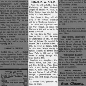 Charles W. Sears, d 4 Mar 1961. Argus-Leader obituary. Mon., Mar 6, 1961, pg. 2